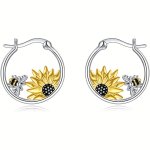 Exquisite Sunflower & Bee Decor Hoop Earrings Retro Bohemian Style Alloy Jewelry Adorable Gift For Women Casual Dating Decor