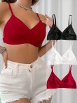 3PCS Triangle V Neck Plain Bra Comfy Breathable Wireless Spaghetti Strap Everyday Bra Women's Lingerie & Underwear