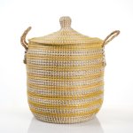 Round Sea Grass Hamper With Dome Lid - White Stripe