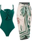 Bow Decor 2 Piece Swimsuits Spaghetti Straps Tummy Control One-piece Bathing-suit & Cover Up Skirt Women's Swimwear & Clothing F