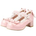 Luxmax Women Bow Mary Janes Patent Leather Platform Sweet Lace Pumps Chunky Mid Heel Cute Shoes Size 14.5 M Us Pink