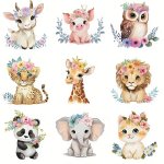 9PCS Animals Watercolor Big Iron On Heat Transfers Vinyl For T Shirts Diy Clothing T-Shirt Mask Jeans Backpack Hats Pillow Easy 