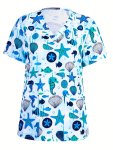 Star Print V Neck Scrub Tops Elegant Short Sleeve Patched Pockets Nurse Uniform Women's Clothing