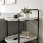 2-TIER Marble-effect Side Table On Wheels With Black Metal Frame