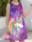 Colorful Unicorn 3D Graphic Dress Girls Casual Dresses Holiday Summer Gift