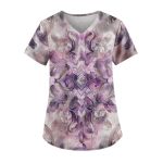 Scrubs For Women V Neck Short Sleeve Printed Tops Cartoon Pattern Plus Size Nursing With Pockets Purples 3XL