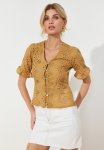 Embroidered Buttoned Woven Blouse - Mink