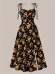 Floral Print Tie Shoulder Dress Vacation Style Split Hem A-line Cami Dress For Spring & Summer Women's Clothing