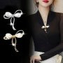 1PC Imitation Pearl Bow Brooch Chic Alloy Pin Elegant Style Shirt Decorative Fixed Pin For Ladies