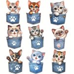 9PCS Cartoon Pocket Cats Series Heat Transfer Sticker Diy Iron-on Decals For Clothes T-Shirt Making Pillow Decorating Clothing S