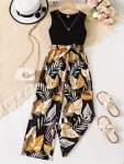 2PCS Solid Color Sleeveless Crew Neck Top + Wide Leg Pants Set For Girls Casual Beach Vacation Set Summer Gift Girls' Clothing F