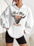 Cow Head Print Textured Hoodie Versatile Drawstring Kangaroo Pocket Hoodies Sweatshirt Women's Clothing