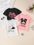 3PCS Versatile Cartoon Graphic Crew Neck Short Sleeve T-Shirt Set For Girls Summer Gift Party
