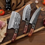 3 Piece Stainless Steel Wood Cleaver Premium Chef Knife With Genuine Leather Sheaths In A Gift Box