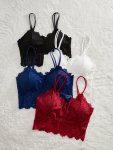 4 Packs Elegant Lace Wireless Camisole Assorted Colors - Black White Blue Red Delicate Floral Design Comfortable Fit Adjustable