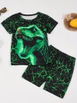 2PCS Boys Summer Loungewear Set 3D Luminous Dinosaur Print Short Sleeve Crew Neck Top & Short Comfy Pj Set Kids' Cozy Sleepwear