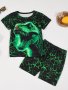 2PCS Boys Summer Loungewear Set 3D Luminous Dinosaur Print Short Sleeve Crew Neck Top & Short Comfy Pj Set Kids' Cozy Sleepwear