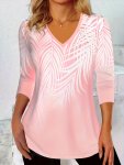 Plant Print V Neck T-Shirt Casual Long Sleeve Top For Spring & Fall Women's Clothing