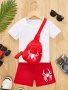 Boy's 3-PIECE Casual Co Ord Set Spider Print Versatile Short Sleeve Tee And Shorts With Bag Comfy Summer Clothes