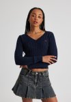 Lena Cable Knit V Neck Sweater - Navy Blazer cherry