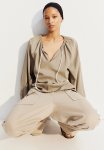 Linen-blend Popover Blouse - Dark Beige