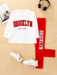 1 Set Girl's 'brooklyn' Graphic Long Sleeve Top + Leggings Co-ords Set Comfy Fit Sweet & Fashion Winter Fall Outfit