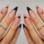 24PCS Press-on Almond-shaped False Nails Black French Tip With Pink Base And Golden Line Heart Design Full Cover Acrylic Nail Kit For Women