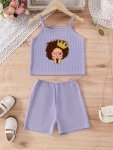 2PCS Girls Casual Cartoon Graphic Print Comfortable Versatile Camisole Top & Shorts Set Cute Lightweight And Comfy For Summer