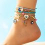 6PCS Glass Rice Beads Alloy Devil's Eye Love Heart Shaped Charm Turquoise Color Anklet Set Bohemian Casual Style Foot Chain Jewelry Accessories