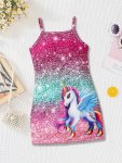 Girls Chic Unicorn Ombre Print Casual Slip Dress - Ideal For Holiday Summer Gift
