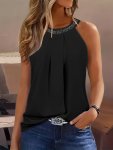 Rhinestoned Pleated Halter Neck Top Versatile Sleeveless Halter Top For Summer Women's Clothing