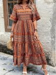Plus Size All Over Print Tiered Dress Vacation Notch Neck Short Sleeve Dress Women's Plus Size Clothing