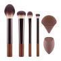 6 Piece Essential Makeup Brush Set With Beauty Blender Sponge - Brown