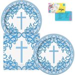 Lobyn Party Plates And Napkins - Elegant Fancy Blue Cross Theme - 7" Cake Plates And Napkins - 16 Count - Ideal For Religious