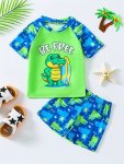 2PCS Cartoon Crocodile Pattern Swimsuit For Boys T-Shirt & Swim Trunks Set Stretchy Surfing Suit Boys Swimwear For Summer Beach