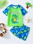 2pcs Cartoon Crocodile Pattern Swimsuit For Boys T-shirt & Swim Trunks Set Stretchy Surfing Suit Boys Swimwear For Summer Beach Vacation