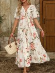 Floral Print Surplice Neck Belted Dress Elegant Short Sleeve A-line Dress For Party & Banquet Women's Clothing Wedding occasion