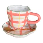 Coffee Gift Set - Orange And Green Checker Gold Spoon