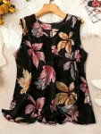 Plus Size Leaf Print Tank Top Casual V Neck Sleeveless Top For Summer Women's Plus Size Clothing
