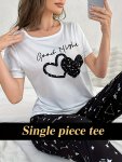 Casual Heart & Slogan Print Night Top Short Sleeve Round Neck Stretchy Top Women's Sleepwear