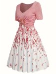 Petal Print Gathered Front Dress Elegant V Neck Short Sleeve Ruched Dress For Spring & Summer Women's Clothing