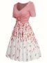 Petal Print Gathered Front Dress Elegant V Neck Short Sleeve Ruched Dress For Spring & Summer Women's Clothing