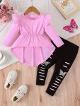 2PCS Baby's Solid Color Ruffled Peplum Top + Butterfly Print Pants Toddler & Infant Girl's Clothing Set