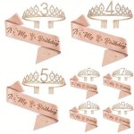 2PCS SET Rose Golden Birthday Supplies Sash Crown & Fabulous Sash Birthday Party Favor Supplies Photo Props Graduation Supplies
