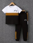 Boy's 2-PIECE Casual Co Ord Set King Letter Print Color Block Tee And Jogger Pants Comfy Summer Clothes