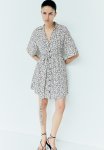 Tie-belt Shirt Dress - White Patterned