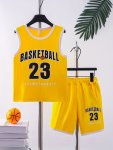 2PCS Boys Breathable Sports Basketball Jersey Set Casual Basketball Letter Print Sleeveless Vest&shorts Tank Tops And Shorts For