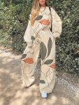 Women's Trendy Outfits Set Plus Size Abstract Face Print Long Sleeve Top & Wide Leg Pants Outfits 2 Piece Set