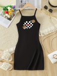 Summer Casual Kids' Sleeveless Midi Dress - 100% Polyester Off-shoulder With Slight Stretch Cartoon Print Pattern Knit Fabric -