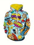 Retro Comic Style Letter Print Men's Hooded Sweatshirt With Drawstring And Kangaroo Pocket Fall Winter